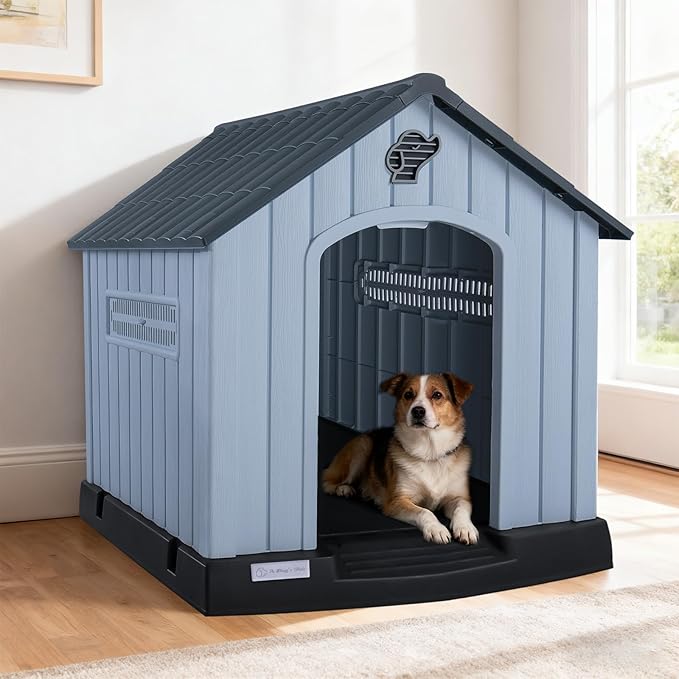 LEMBERI Large Plastic Dog House for Medium Large Dogs, Durable Waterproof Indoor Outdoor Doghouse with Air Vents and Elevated Floor, Easy to Assemble (Gray, 38.7" L x 36.8" W x 39.1" H)