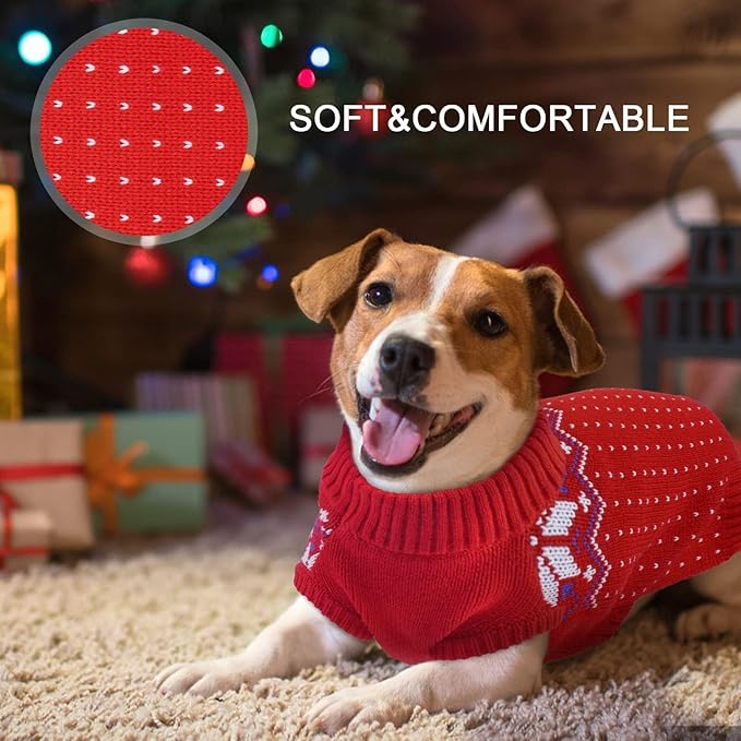 Kuoser Dog Sweater, Holiday Christmas Snowflake Pet Warm Knitwear Dog Sweaters Soft Puppy Clothing, Doggie Turtleneck Cold Weather Outfit Pullover for Small Medium Large Dogs Cats, Red L