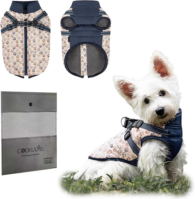 Dog Winter Coat for Small & Medium Dogs (Up to 31lb), Waterproof Dog Coat with Harness, Puppies Windproof Puppy Puffer Jacket, Snowsuit for Dachshund,Frenchie, Corgi (Paw Blue, XLarge)