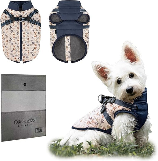 Dog Winter Coat for Small & Medium Dogs (Up to 31lb), Waterproof Dog Coat with Harness, Puppies Windproof Puppy Puffer Jacket, Snowsuit for Dachshund,Frenchie, Corgi (Paw Blue, 2XLarge)