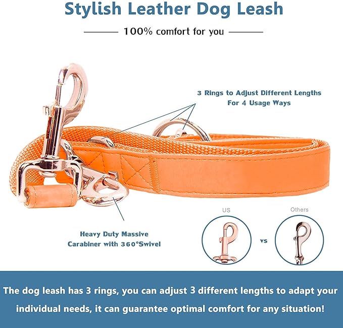 Soft Leather Dog Collar and Leash (6.6') Set - Stylish Rose Gold Heavy Duty Metal Buckle, 4 Adjustable Lengths Leash for Small Medium Large Dogs - Comfortable & Easy to Clean Orange M(13.8"-19.7")
