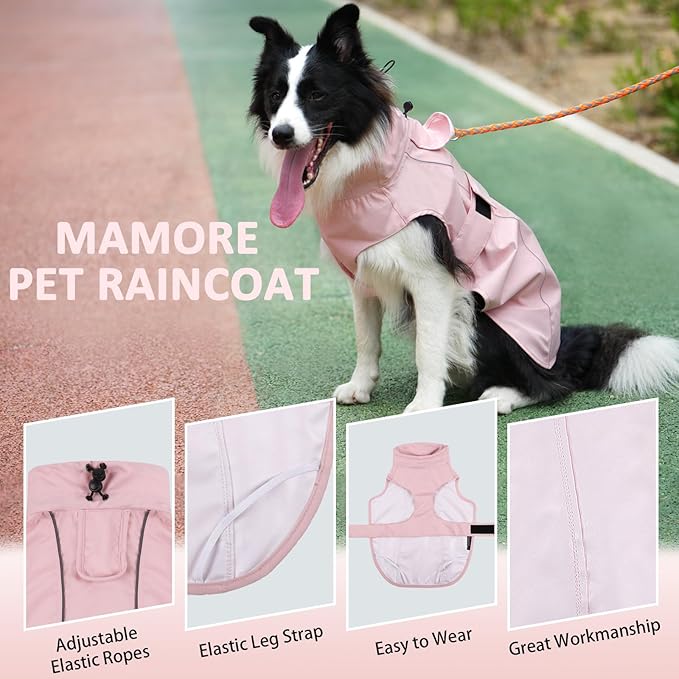 Waterproof Dog Raincoat, Adjustable Lightweight Dog Rain Jacket with Reflective Strip Leash Hole for Small Medium Large Dogs (Pink, Medium(13-22lb))