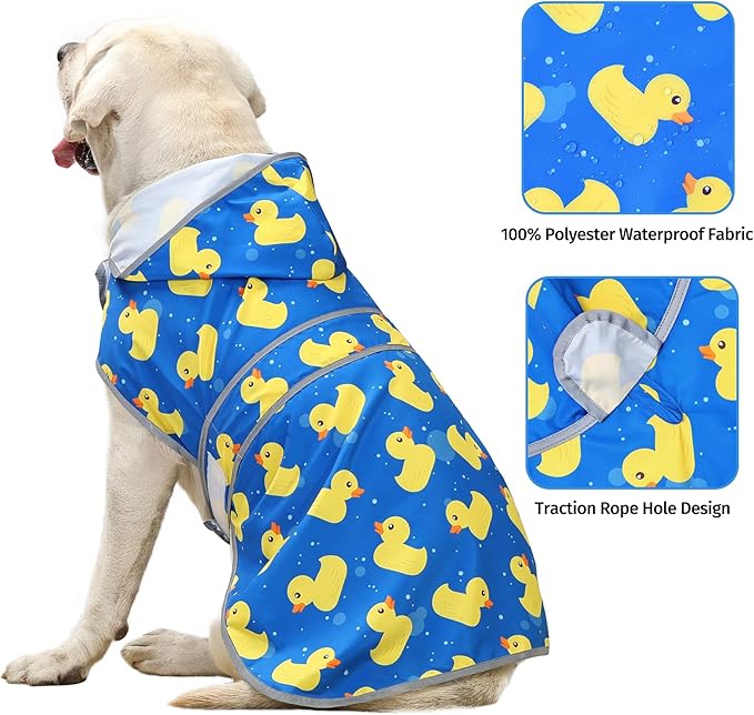 Dog Rain Coat for Large Dogs Waterproof Hooded Rain Jacket with Reflective Strips Leash Hole & Poncho Adjustable Fit (ShinyDuck,XL)