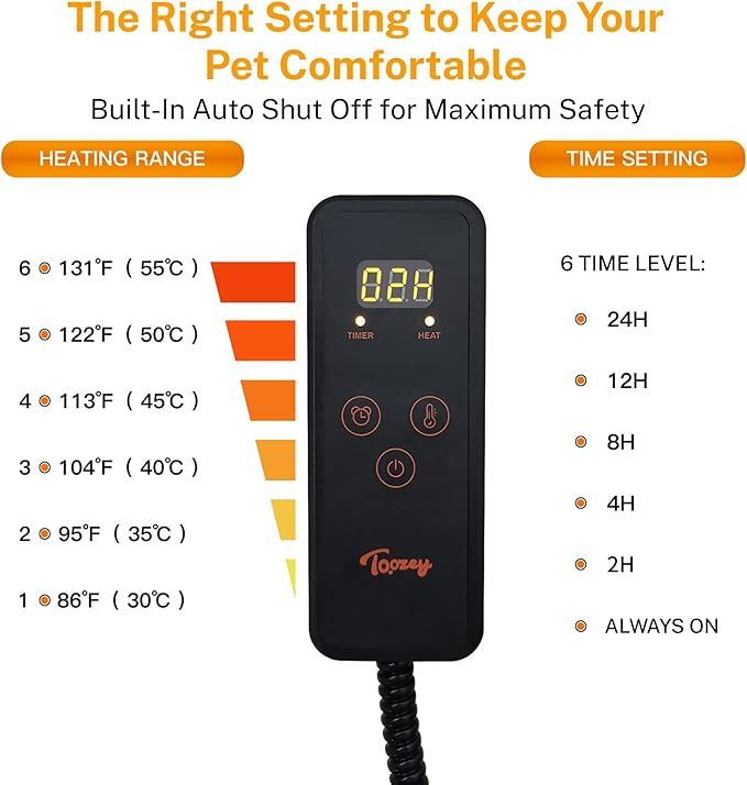 Toozey Pet Heating Pad, 6 Adjustable Temperature Dog Cat Heating Pad with Timer, Waterproof Heated Dog Bed with Chew Resistant Cord, Indoor Electric Pet Heated Mat 28x20in
