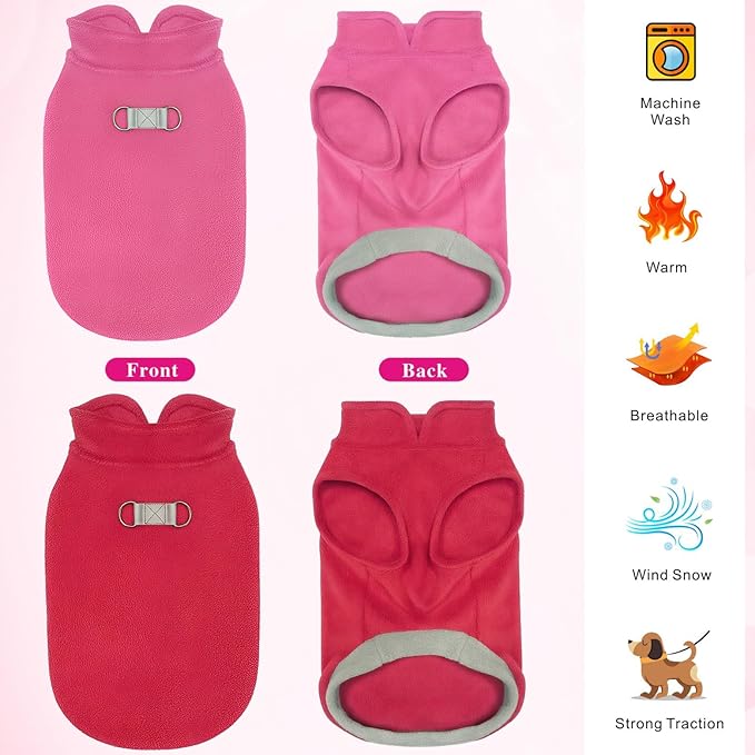 Idepet 2 Pack Dog Fleece Vest Sweater Warm Pullover Jacket with D-Ring Leash Reflective Winter Coat Hoodie for Puppy Cat French Bulldog Pug Chihuahuas Yorkies Dachshunds (Red&Rose Red,Medium)