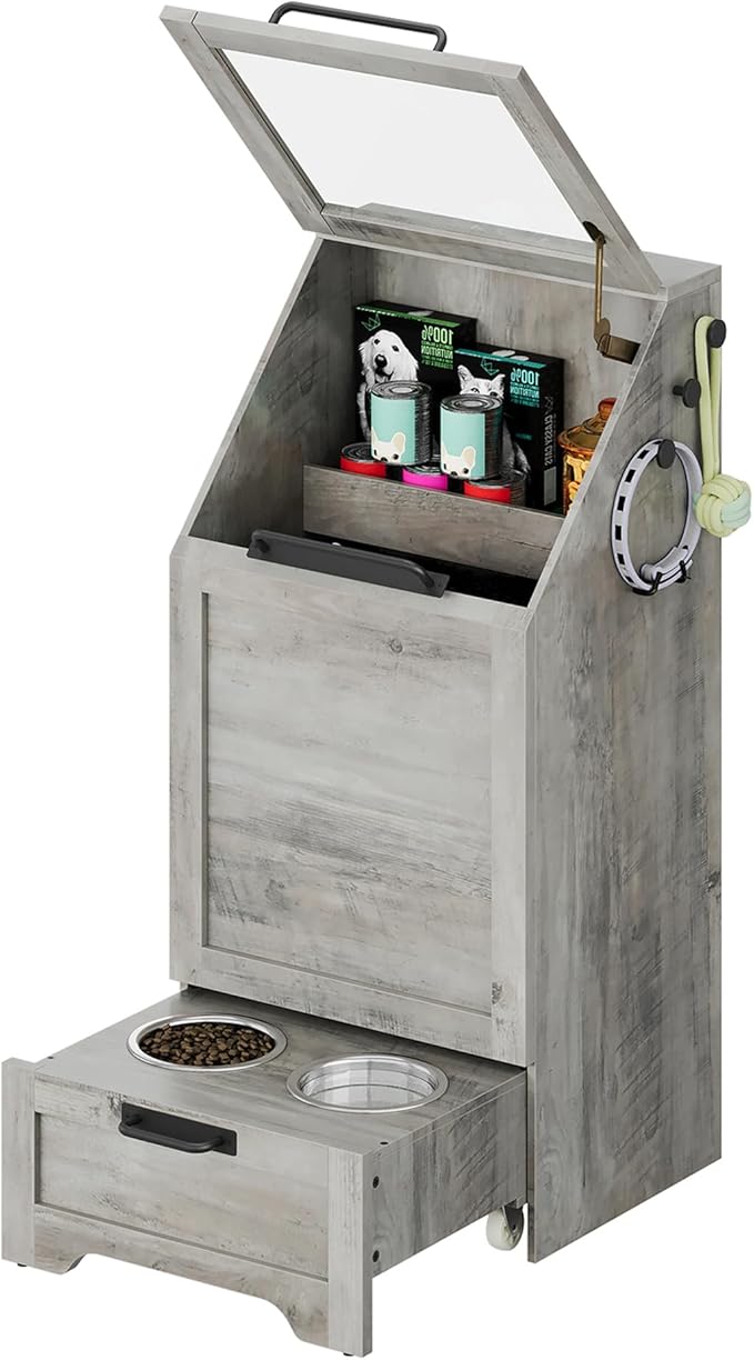 Dog Feeding Station with Storage Cabinet, 2 Elevated Bowls, FILP Top Food Storage Cabinet Container, Pet Feeding with 3 Hooks, Farmhouse Dog Feeder Station, Grey