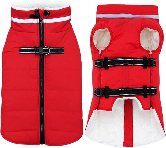 Large Dog Coat with Harness Built-in, Waterproof Reflective Fleece Lined - Warm Windproof Winter Jacket with Back Zipper, Cold Weather Snow Dog Coats - Red - 2XL