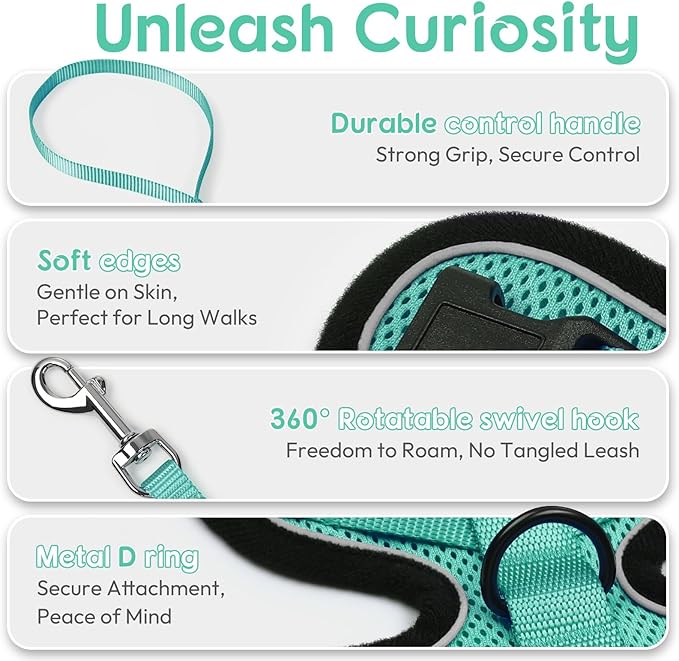 Dooradar Cat Harness and Leash Set, Escape Proof Safe Adjustable Kitten Vest Harnesses for Walking, Easy Control Soft Breathable Mesh Jacket with Reflective Strips for Cats, Green, S