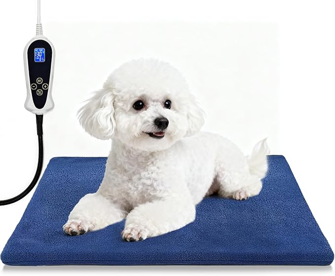 Bestio Cat Heating Pad, 22×18 in Heating Dog Bed Suitable for Medium and Small Pets, Adjustable Thermostat+Constant ON Function with Plush Cover - Blue