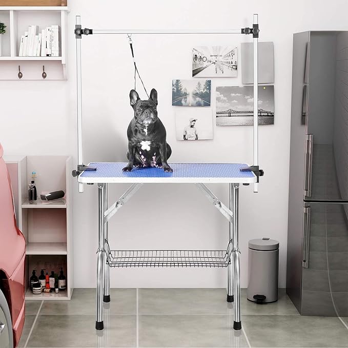 42" Dog Grooming Table Foldable Pet Grooming Tables with Adjustable Arm Noose Storage Mesh Tray Maximum Capacity Up to 330lbs Blue