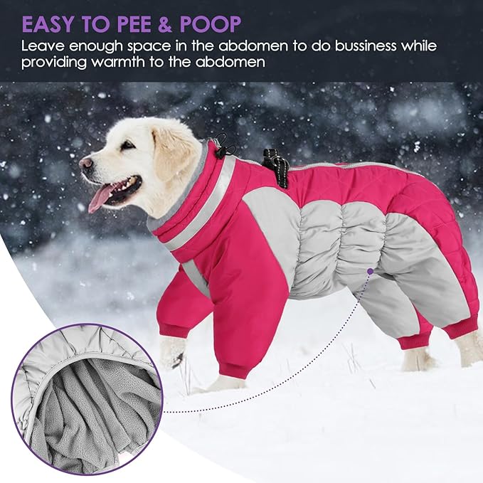 SUNFURA Full Body Dog Coat - Warm Fleece Jacket for Medium Dogs, Turtleneck Winter Coats with Harness, Reflective Dog Snowsuit Windproof Puffer Jackets with Legs for Boston Terrier, Hot Pink M