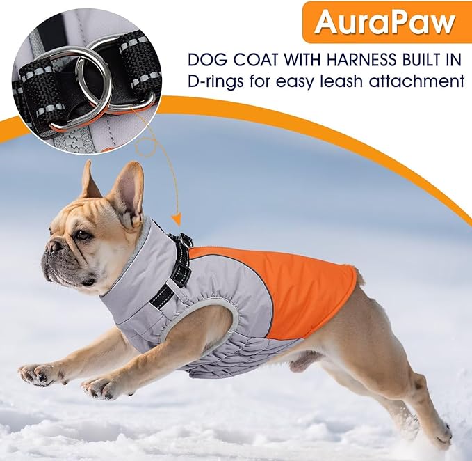Dog Coat with Harness Built in,Water-Repellent Dog Jacket Christmas Puppy Winter Coat with Reflective,XS Doggy Winter Jacket with Zipper,Soft Pet Fleece Snow Jacket for Small Dogs,Orange,XS