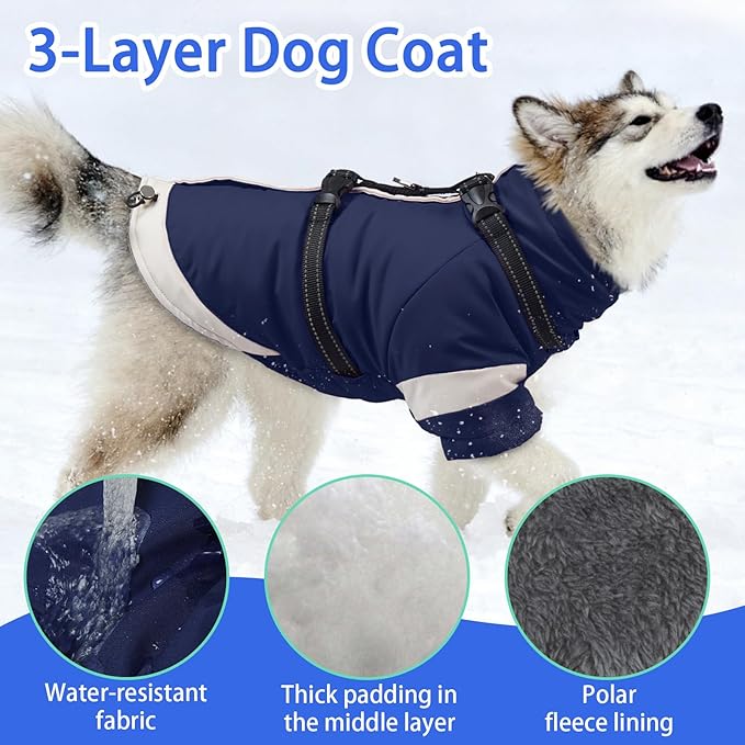 MIGOHI Dog Coat with Harness Built in, 2-in-1 Thermal Dog Winter Coat, Windproof Reflective Jacket with High Collar for Medium Dogs, Easy On Back Zipper, Cocker Spaniels, Navy Blue, L