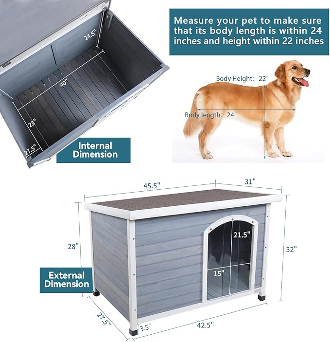 Petsfit Outdoor Wooden Dog House with Adjustable Foot