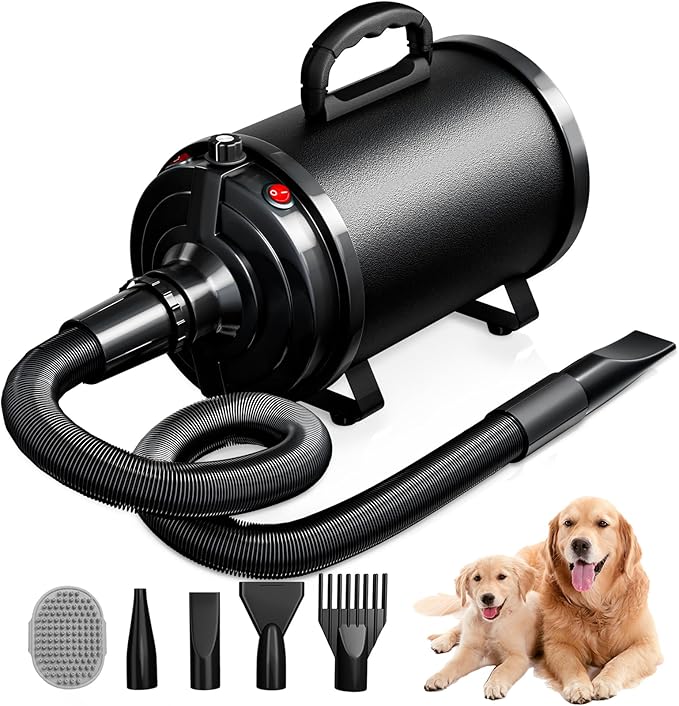 Dog Dryer Pet Hair Blower High Velocity for Grooming, Blow 3800W/5.2HP for Large Dogs Sechoir Pour Chien with Stepless Adjustable Speed, 4 Different Nozzles and Dog Brush,Black