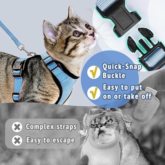 Cat Harness and Leash Set,Escape Proof Adjustable Cat Harness,Soft and Breathable Kitten Harness and Leash with Reflective Strips for Walking and Traveling(Light Blue, Small(8.9-16.6lb))