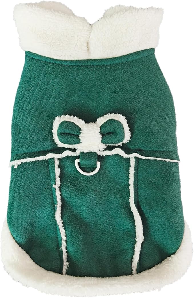 Jecikelon Bowtie Dog Cold Weather Coat Fleece Lining Warm Pet Puppy Turtleneck Dogs Winter Clothes for Small Dogs with D-Ring (Green, Small)