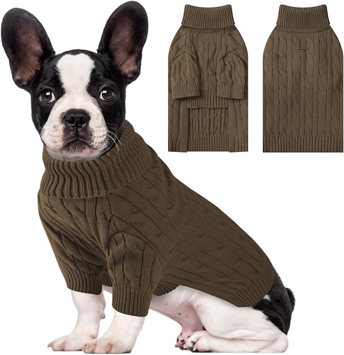 Small Dog Thermal Pullover Sweater, Classic Turtleneck Cable Knitwear Dog Clothes for Cold Weather Warm Pet Clothes for Chihuahua, Bulldog, Dachshund, Pug Tan XX-Large