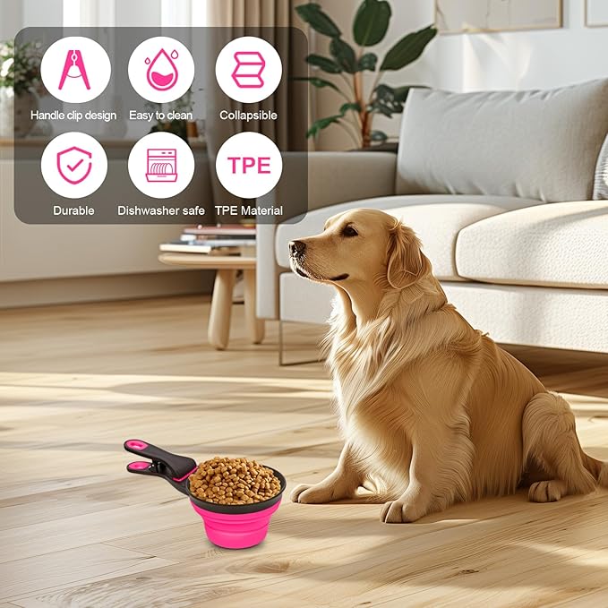 Collapsible Silicone Dog Food Scoop Foldable Pet Food Measuring Cup with Bag Clip 3 in 1 Multi-Function Silicone Dog Food Scooper (Rose Red, Large)