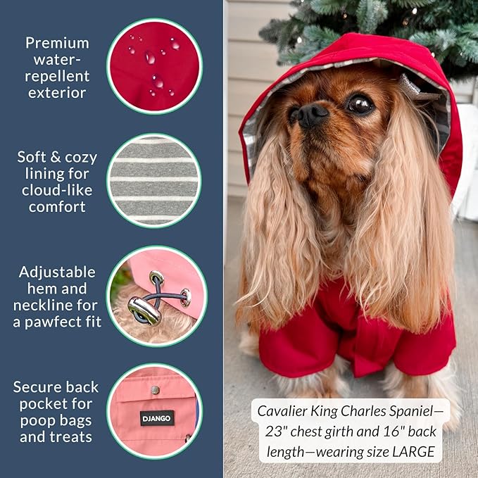 DJANGO Highland Dog Jacket & Raincoat – Water-Repellent, Lined Dog Coat with Hood, Adjustable Fit & Harness Hole – Lightweight Rain & Wind Jacket for Small & Medium Dogs up to 30 lbs (Red, X-Small)