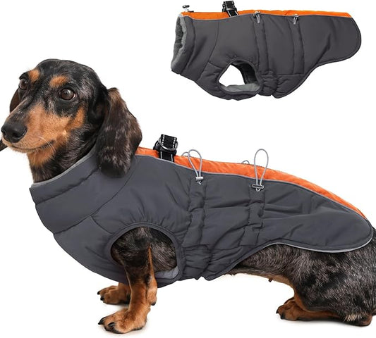 Medium Dog Winter Jacket, Warm Zip Up Snowsuit Dog Harness Vest, Reflective Water-Resistant Coat for Snow, Orange-Gray
