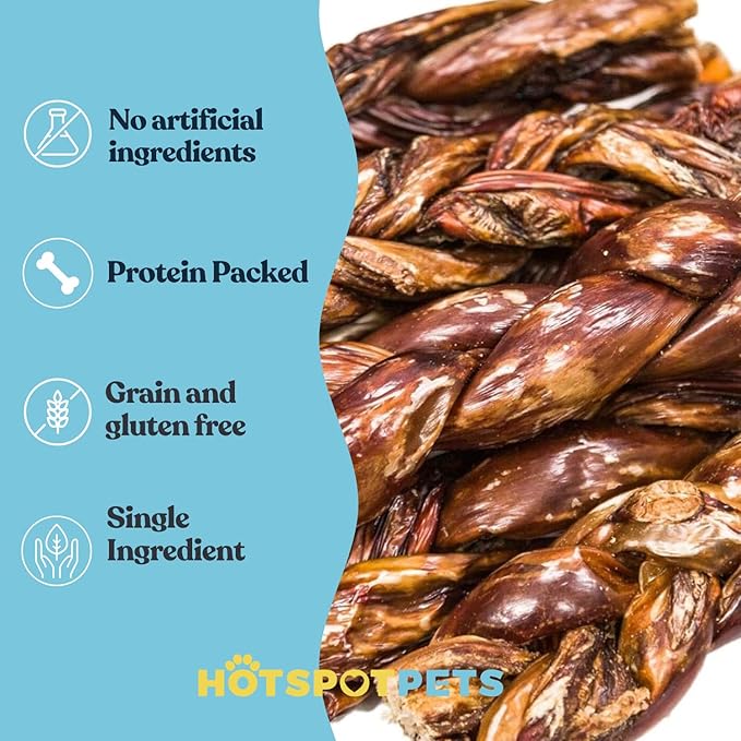 hotspot pets All-Natural Braided Beef Gullet Sticks (5 Pack) Grass-Fed, 6'' Braided Esophagus Jerky Treats - Rich in Glucosamine & Chondroitin for Joint Health – Rawhide-Free Dog Chews