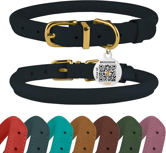 BronzeDog Rolled Leather Dog Collar with QR ID Tag, Adjustable Soft Round Collars for Small Medium Large Dogs Puppy (14" - 16" Neck Size, Dark Blue)