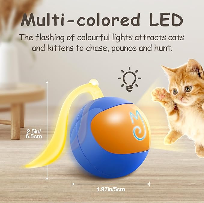 Migipaws Interactive Cat Ball Toy Set, Fun Tracker, Automatic Rolling Chase Ball with Fluffy Tail, A Small Mice, Rechargeable (Blue)
