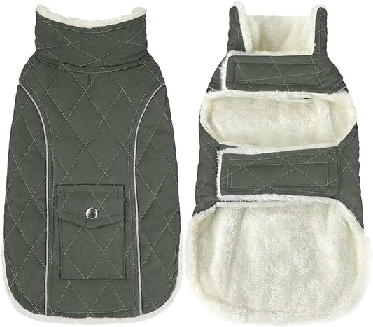 Malier Dog Winter Coat, Windproof Dog Cold Weather Coats with Real Pocket, Winter Extra Warm Pet Coat Fleece Jacket Reflective Clothes for Small Medium Large Dogs and Puppy (Green, Large)