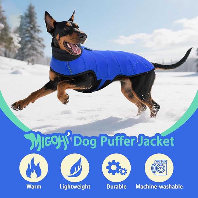 MIGOHI Lightweight Dog Coat, Windproof Dog Jacket, Puffer Jacket for Small Dogs, Padded Vest with Reflective Strips, Warm Snow Vest in Cold Weather, Easy On Hook & Loop Belly, Blue, S
