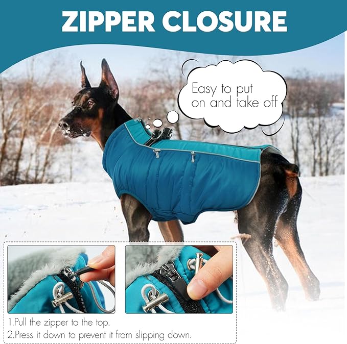 IDOMIK Warm Dog Coat with Harness, Waterproof Reflective Dog Jackets for Small Medium Large Dogs, Fleece High Collar Winter Jacket with Zipper, Pet Winter Snowsuit Clothes for Cold Weather,Blue 2XL