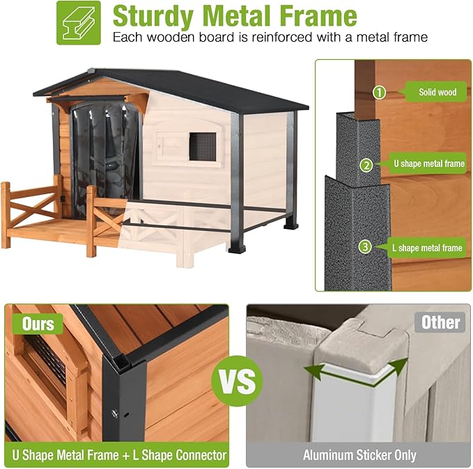 GUTINNEEN Heated Dog House Outdoor Dog Kennel with Safe Heated Pad, Chew-Proof Metal Frame and Rotating Food Bowl for Small to Medium Dogs, 44.6" L x 41.1" W x 32.9“H (Brown)
