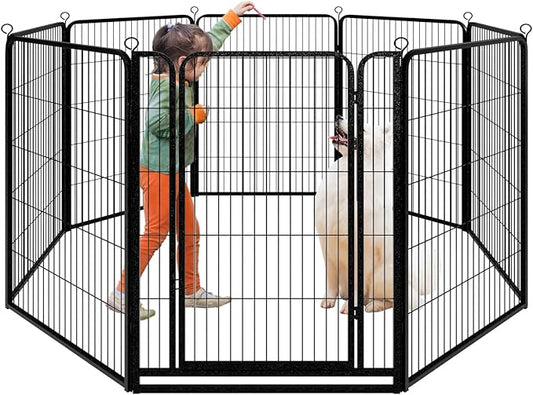 Dog Playpen Outdoor Extra Wide 8 Piece Panels Heavy Duty Dog Fence 47" Height Anti-Rust with Doors Portable for RV Camping Yard, Total 21FT, 35 Sq.ft, Snowy Black
