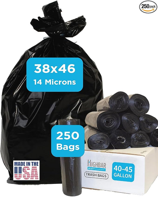 Black Garbage Bags, Made in USA, 40-45 Gallon, Light Duty, Durable, Unscented, High Density, Industrial and Commercial Use, for Lawn, Leaf, No Ears, No Ties, Bulk 250 Count
