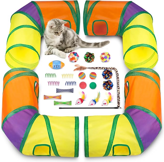 Retro Shaw Cat Toys with Cat Tunnels, Interactive Kitten Toys for Indoor Cats Kitty, Cat Tube Tent Feather Wand Teaser Bell Fuzzy Ball Springs Mouse (25 Pcs Extra Large Cats Tunnel Set)