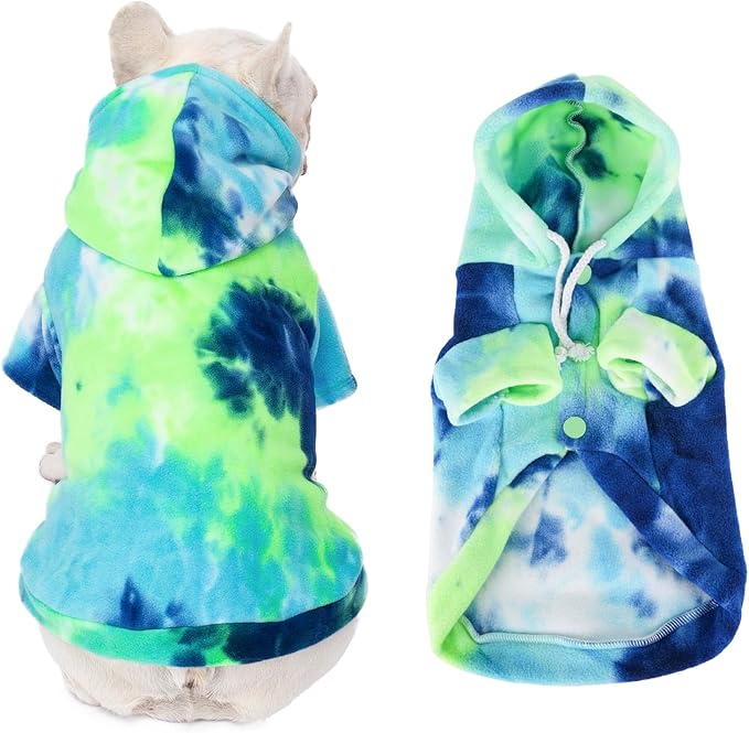 Dog Hoodie Tie Dye Dog Sweatshirt Chic Winter Clothes Ultra-Soft Warm Sweaters for Small Medium Dogs Fashion Pet Clothes for Dogs (Blue/Yellow/Green, XS (Back: 9.05",Chest: 13.77", Neck: 12.59"))