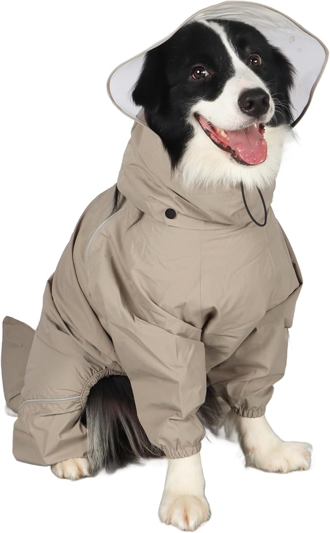 Dog Raincoat for Medium Large Dogs,rain Jacket Coat, Full Leg Coverage Waterproof Rain Suit with Detachable Hood & Tail, Reflective Strips, Snag-Free Top Zipper (Khaki for Girl, X-Small)