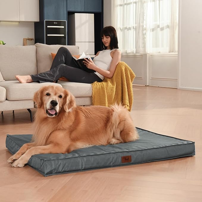 Outdoor Dog Bed for Small Dogs & Cats, Waterproof Dog Crate Mat Orthopedic Egg Crate Foam with Washable Removable Oxford Cover, Grey