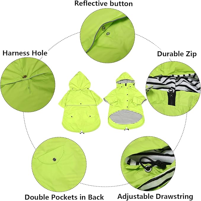 Morezi Dog Zip Up Raincoat with Reflective Buttons, Rain/Water Resistant, Adjustable Drawstring, Removable Hood, Raincoats with Legs 8lbs to 80lbs Available Light Green M
