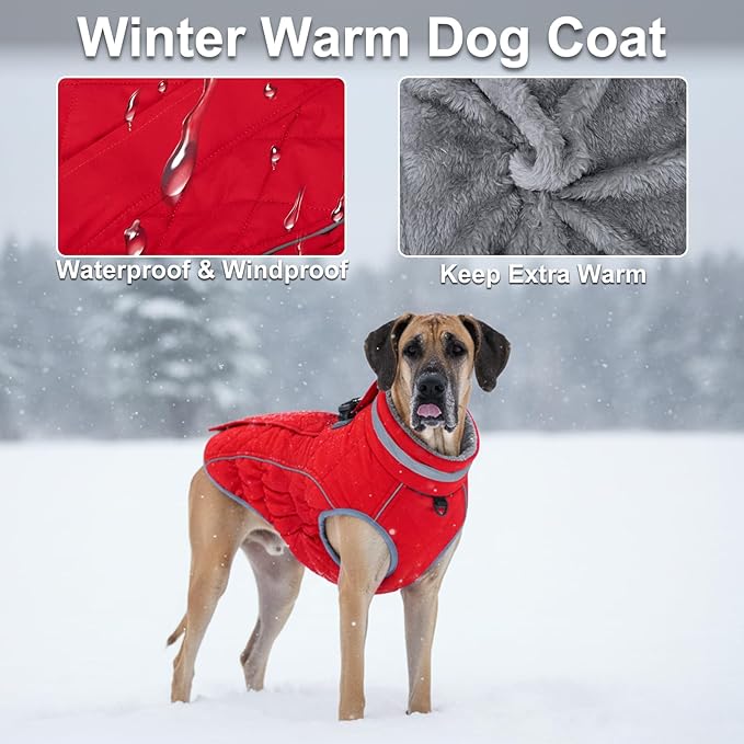 Dog Coat, Warm Dog Winter Coat for Small Dogs, Waterproof Jacket with Harness Built in, Reflective Turtleneck Cold Weather Coats with Zipper,Pet Fleece Vest Snow Jacket, Red S