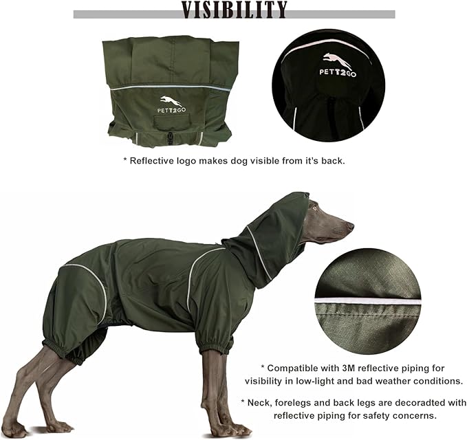 Dog Lightweight Windbreaker, Dog Outdoor 4-Legs Jacket, 0.5 lbs,Durable Water Repellent, Hooded, Easy on/Off with Collar and Harness, Reflective, Packable,Dark Olive (Medium)