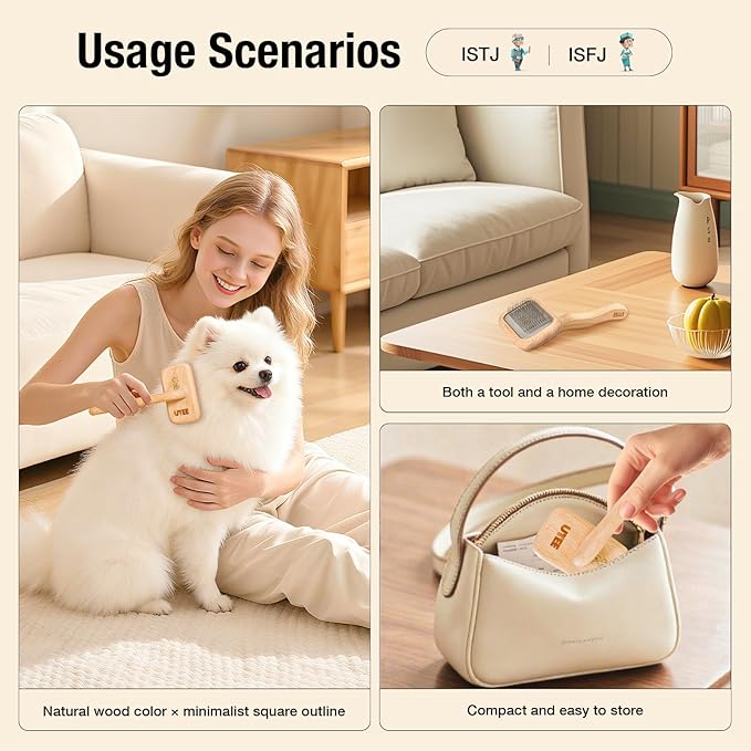 UTEE Slicker Brush for Long-Haired Cats & Small Dog (Pomeranians, Bichons, Shih Tzus, Ragdoll & Persian Cats) Gentle Grooming Tool with Stainless Steel Curved Pins & Ergonomic Beech Wood Handle
