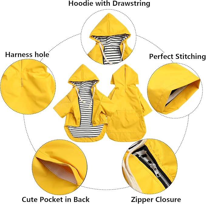 Dog Raincoat rain Jacket Raincoat Dogs Waterproof Small Medium Breeds Zip Closure Storage Pocket Harness Hole Yellow Medium