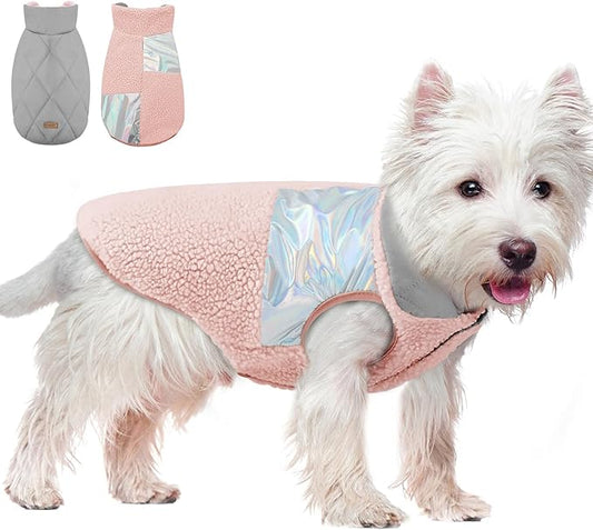 EMUST Dog Jacket, Warm Reversible Dog Winter Coat with Fleece Lining, Thick Plush Puppy Coats, Pink, XL