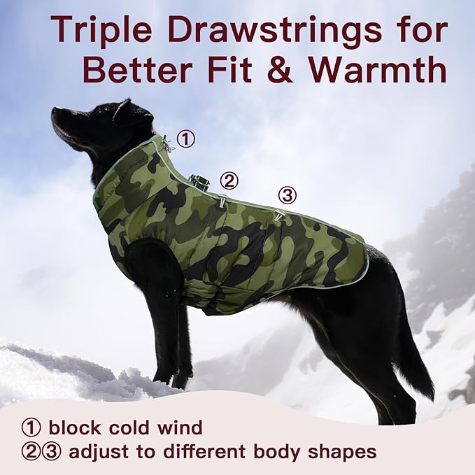 Dog Coat Dog Winter Jacket-Large, Warm Zip Up Snowsuit Dog Harness Vest Reflective Water-Resistant Dog Coat Dog Snow Jacket for Large Dogs French Bulldog, Pug, Camouflage