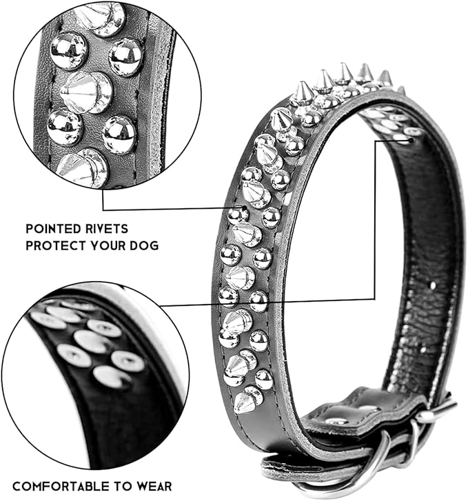 Adjustable Genuine Leather Spiked Studded Dog Collars for Small Medium Large Pets Like Pit Bull Bulldog Pugs Husky (S, Brown)