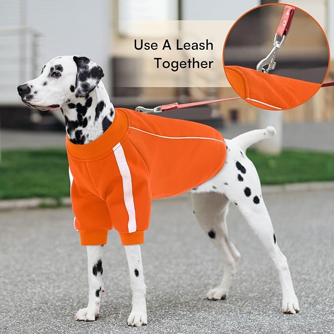 Queenmore Cozy Fleece Dog Sweater Medium, Soft Pullover Dog Sweatshirt, Warm Winter Fleece Jacket with Leash Hole/Reflective Stripes for Small Medium Large Dogs Orange