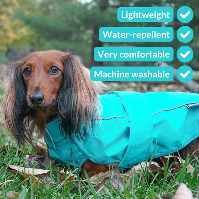 DJANGO Dog Jacket & Raincoat – Lightweight Water-Resistant Coat for Small, Medium & Long Dogs Like Dachshunds – Reflective, Adjustable Fit, Harness-Compatible & Easy-Access Harness Hole - Blue, Medium