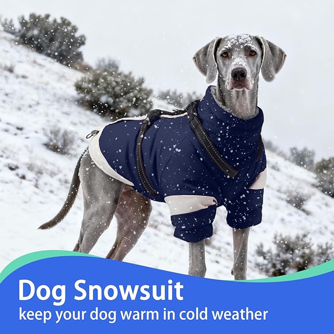 MIGOHI Dog Coat with Harness Built in, 2-in-1 Water-Resistant Dog Jacket, Reflective Snowsuit for Large Dogs, Fleece Lined with Turtleneck, Adjustable Buckle Coats, Border Collies, Navy Blue, XL