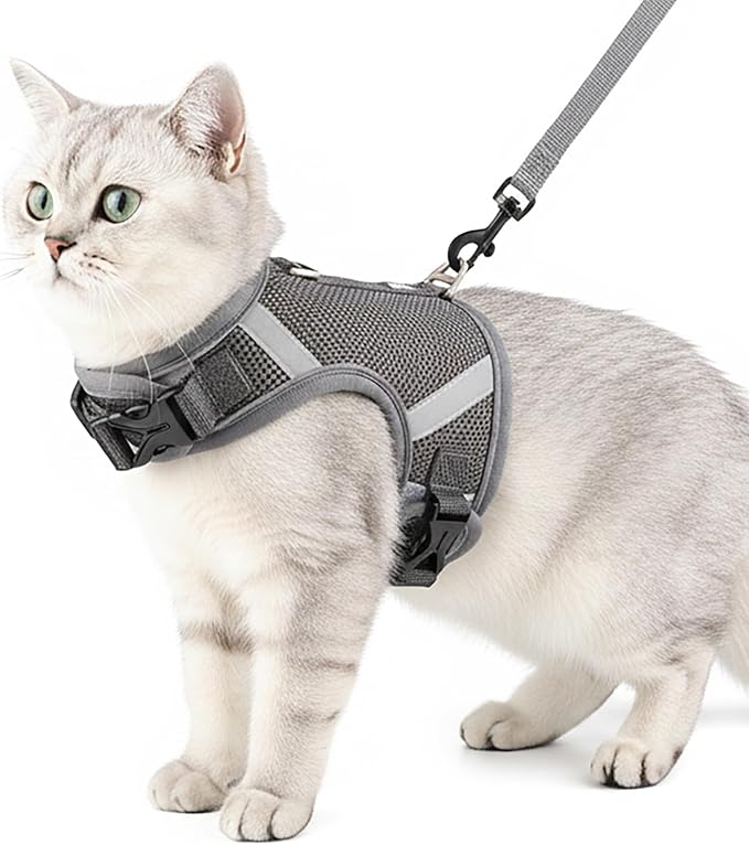 Cat Harness and Leash Escape Proof Kitten Harness Cat Leash for Walking Travel Service Cat Vest, Grey, Medium